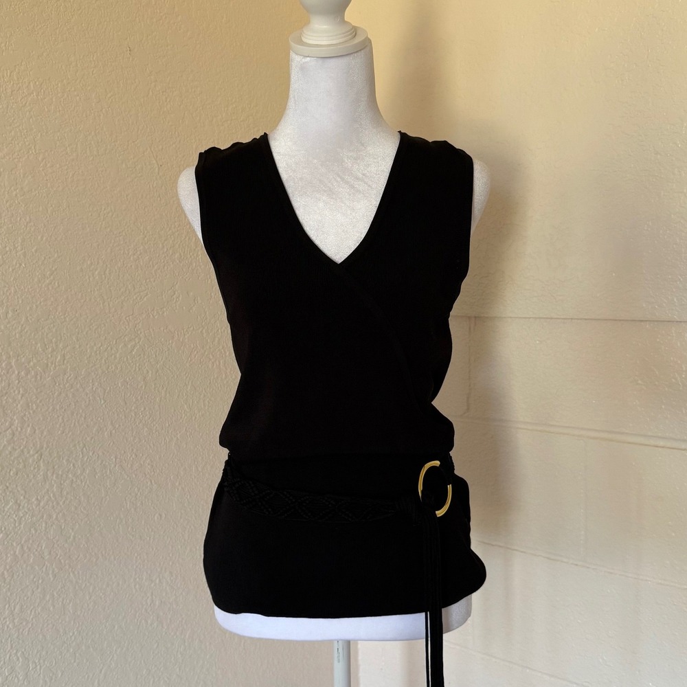 Cable & Gauge Knit Top Womens Medium Black Faux Wrap Braided Belt V-Neck Office